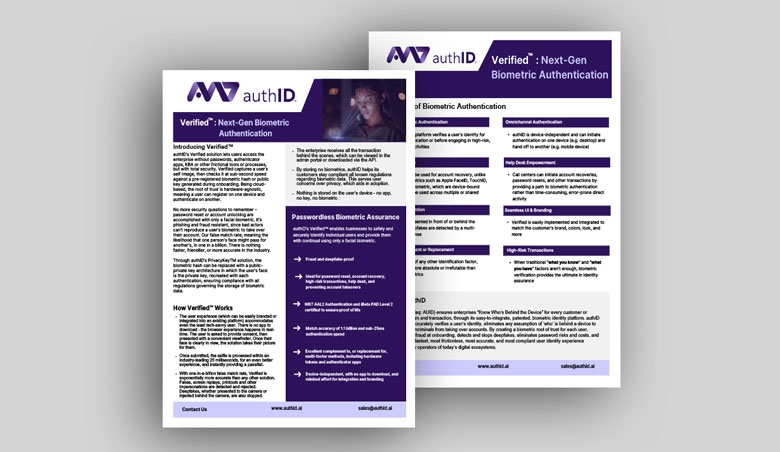 authID Verified: Next-Gen Passwordless Biometric Authentication Data Sheet authID Verified: Next-Gen Passwordless Biometric Authentication Data Sheet